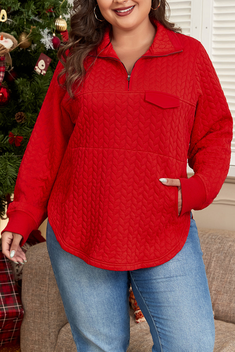 Tomato Red Textured Quarter Zip Plus Size Pullover