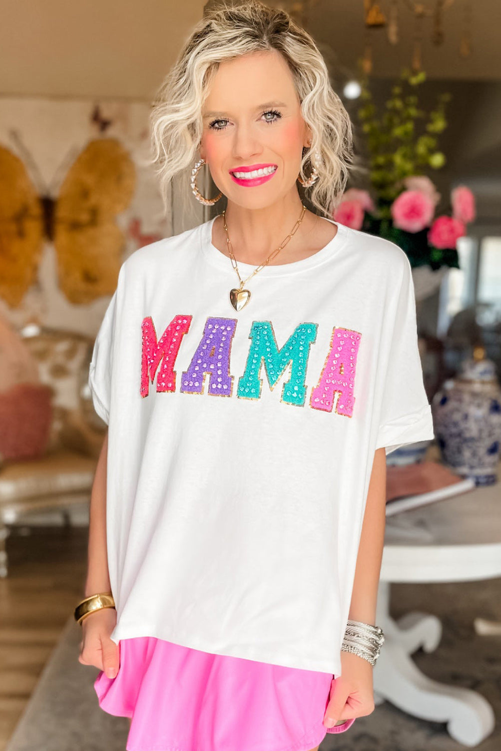 White MAMA Chenille Patched Crew Neck T Shirt