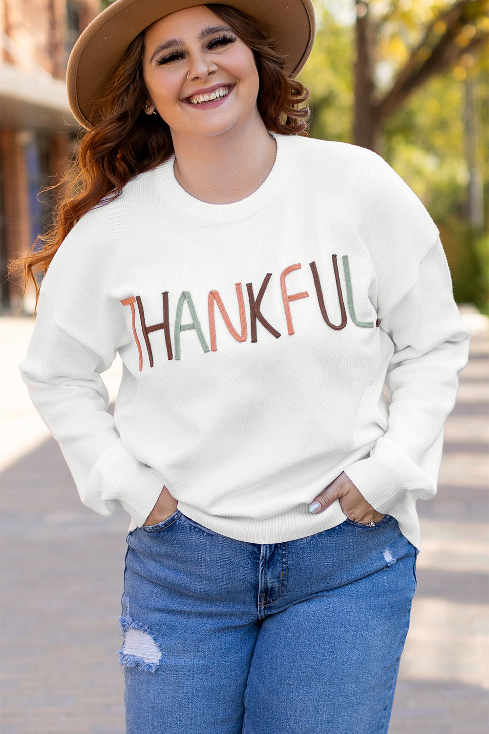 White Plus Size Thankful Embroidered Sweater