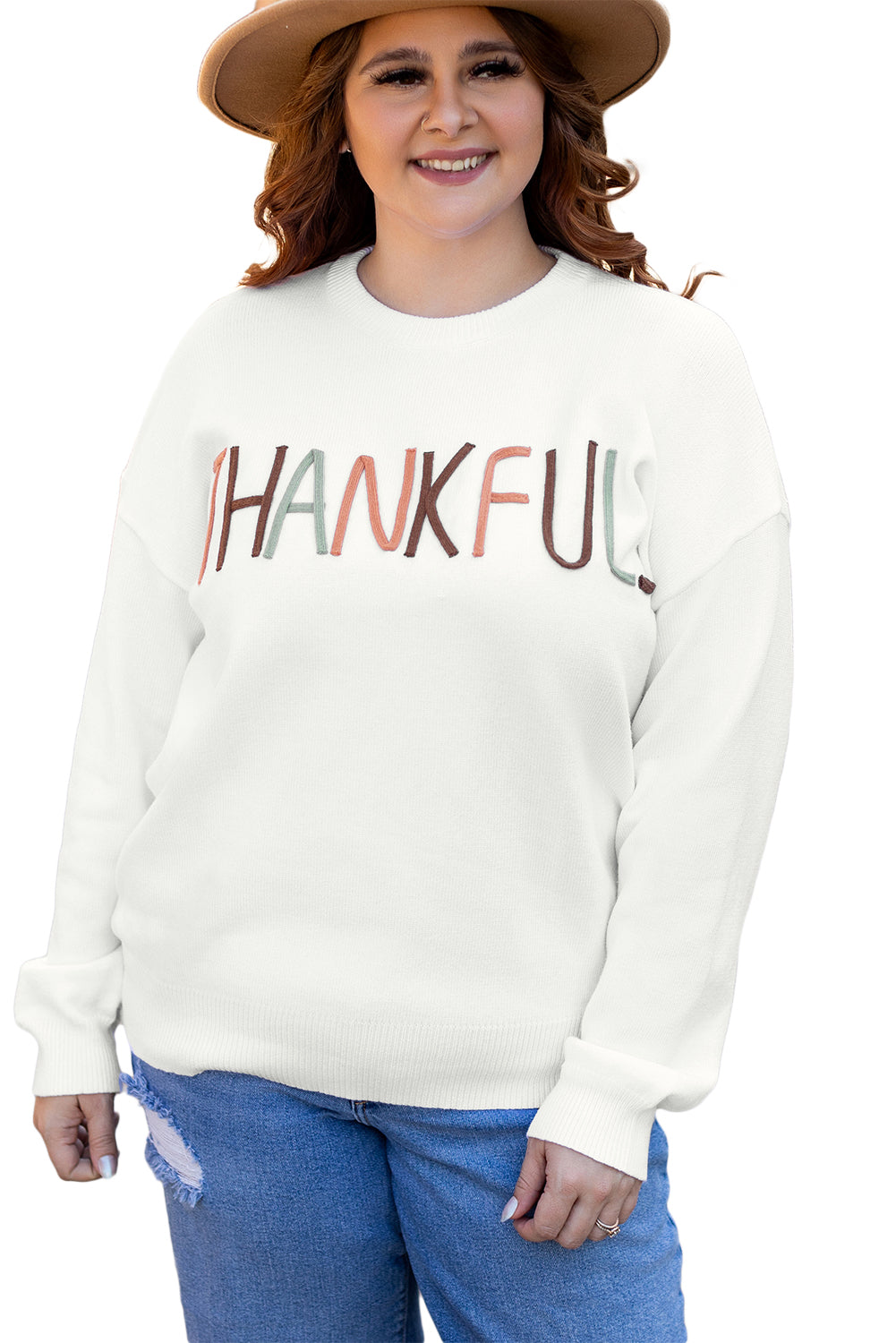 White Plus Size Thankful Embroidered Sweater