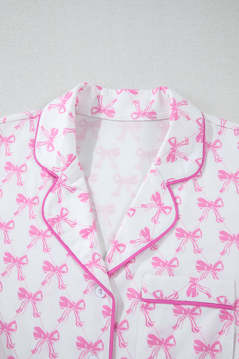 Pink Bowknot Print Shirt and Ruffle Hem Shorts Pajama Set