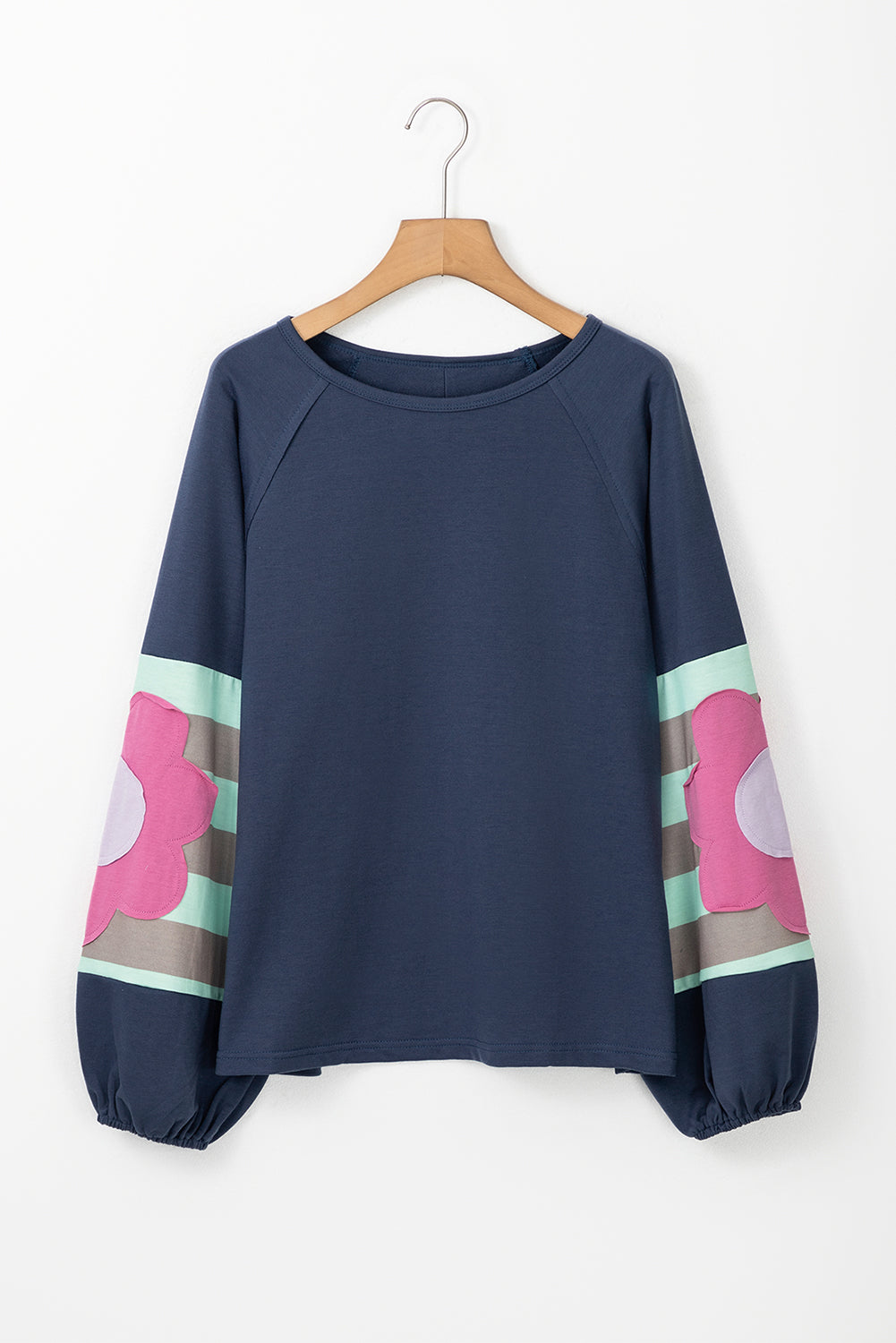 Sail Blue Flower Patchwork Exposed Seam Raglan Sleeve Top