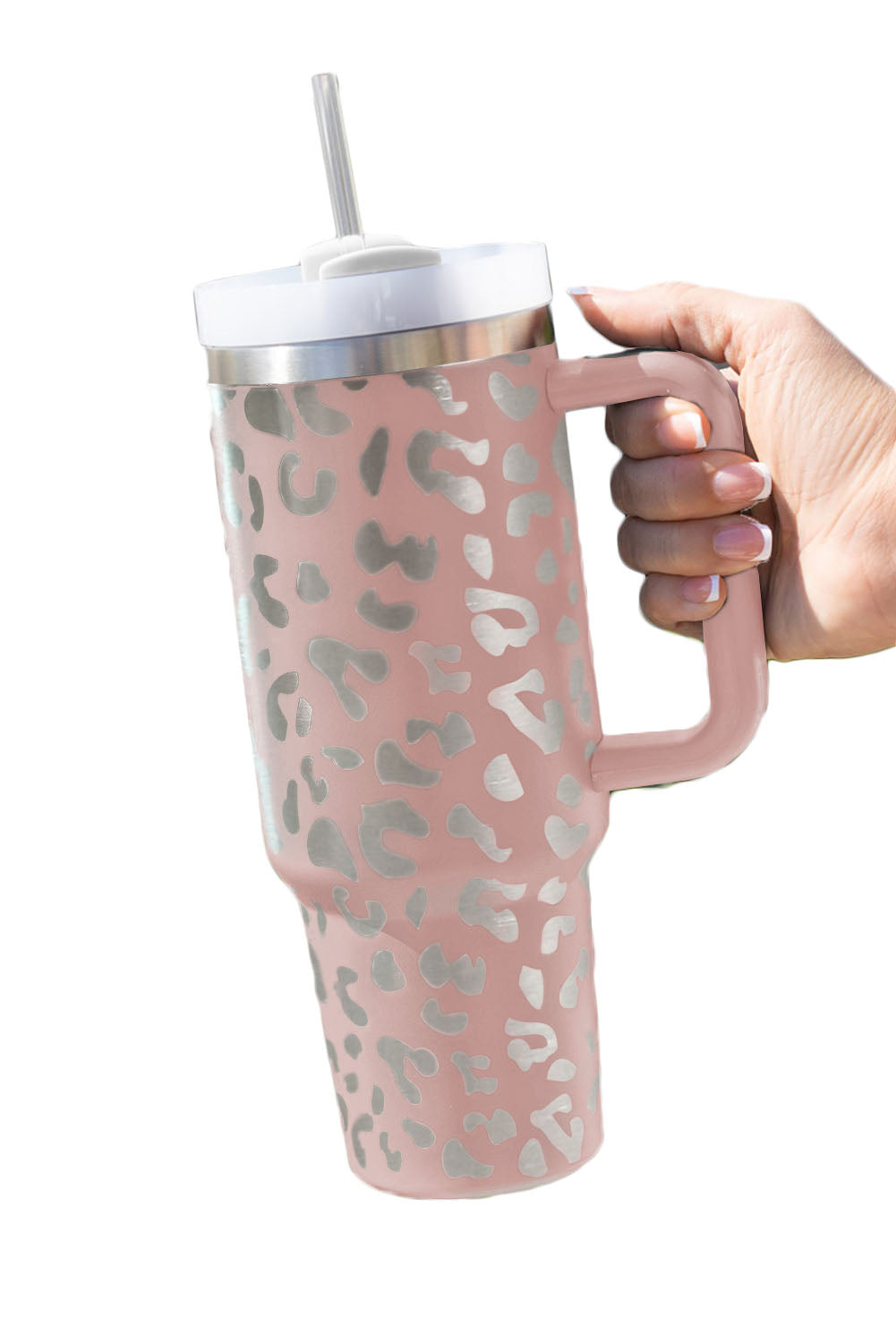 Pink 40oz Stainless Steel Portable Leopard Tumbler Mug With Handle