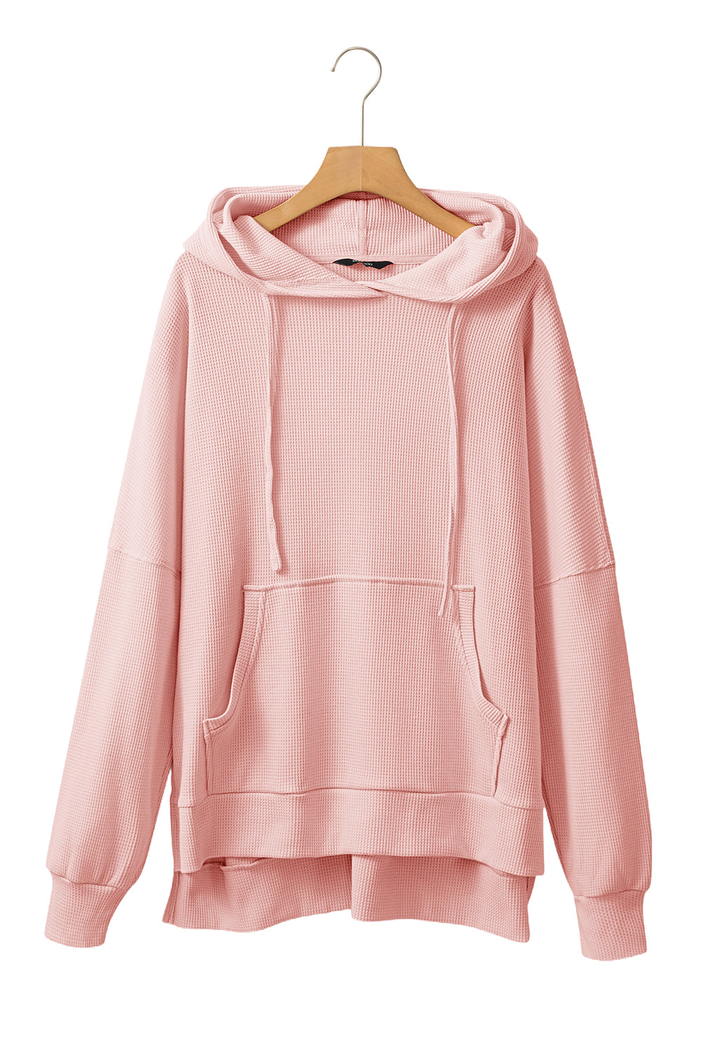 Light Pink Waffle Knit Fleece Lined High Low Oversized Hoodie