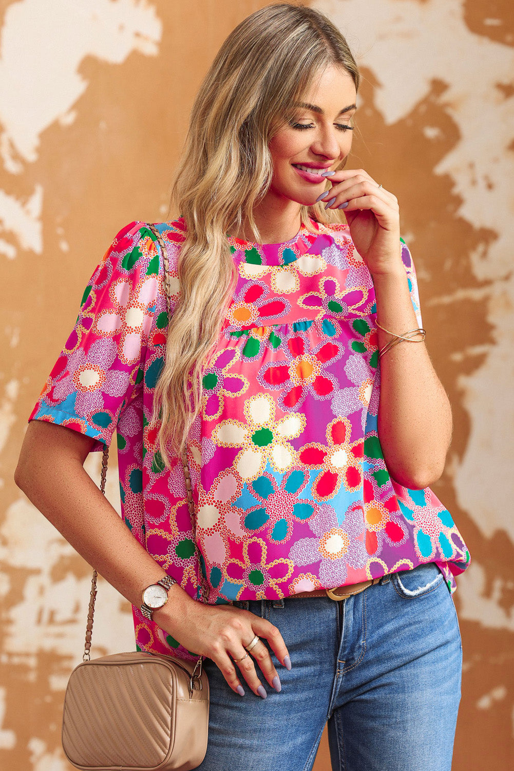 Purple Floral Print Crew Neck Short Sleeve Blouse