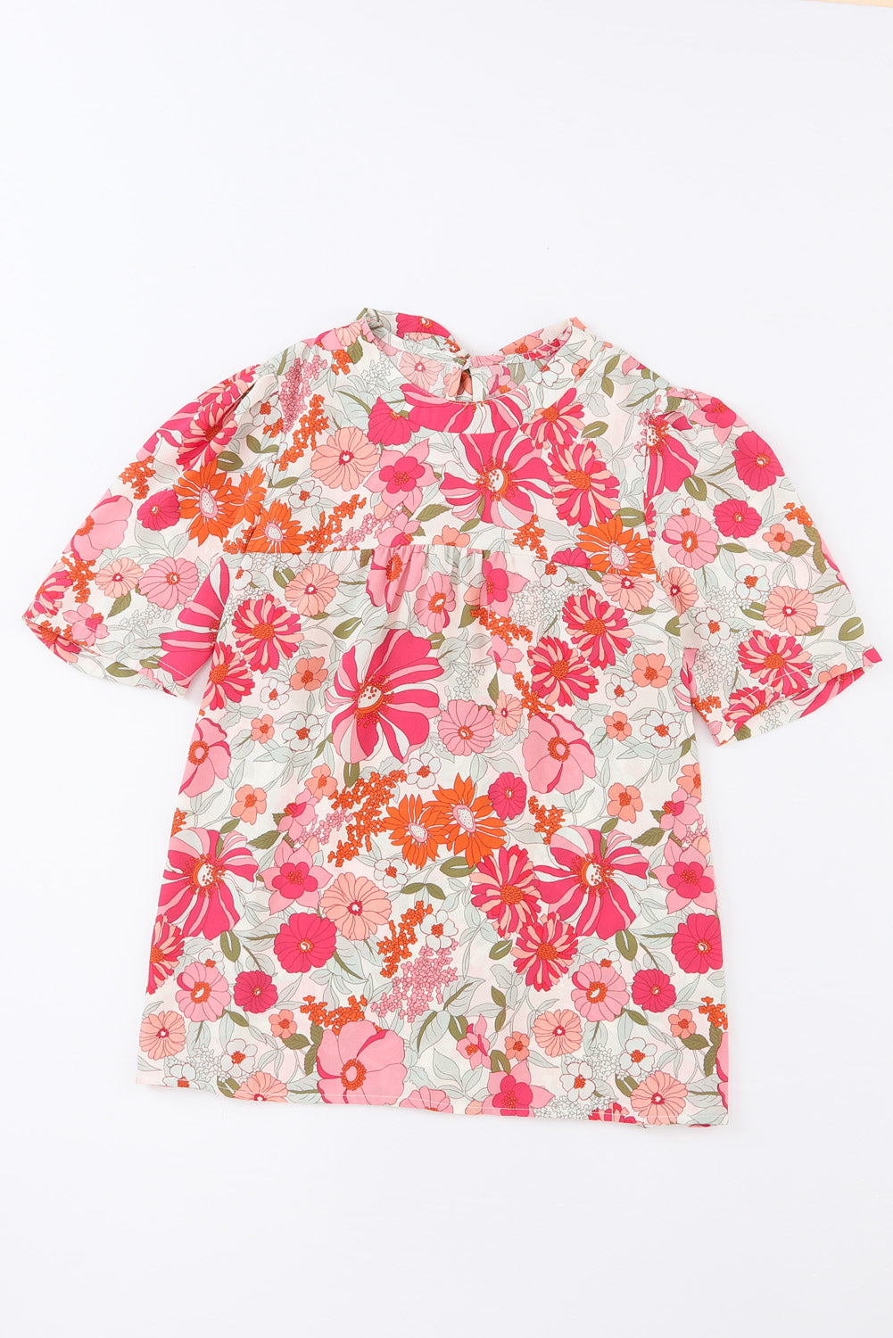 Purple Floral Print Crew Neck Short Sleeve Blouse