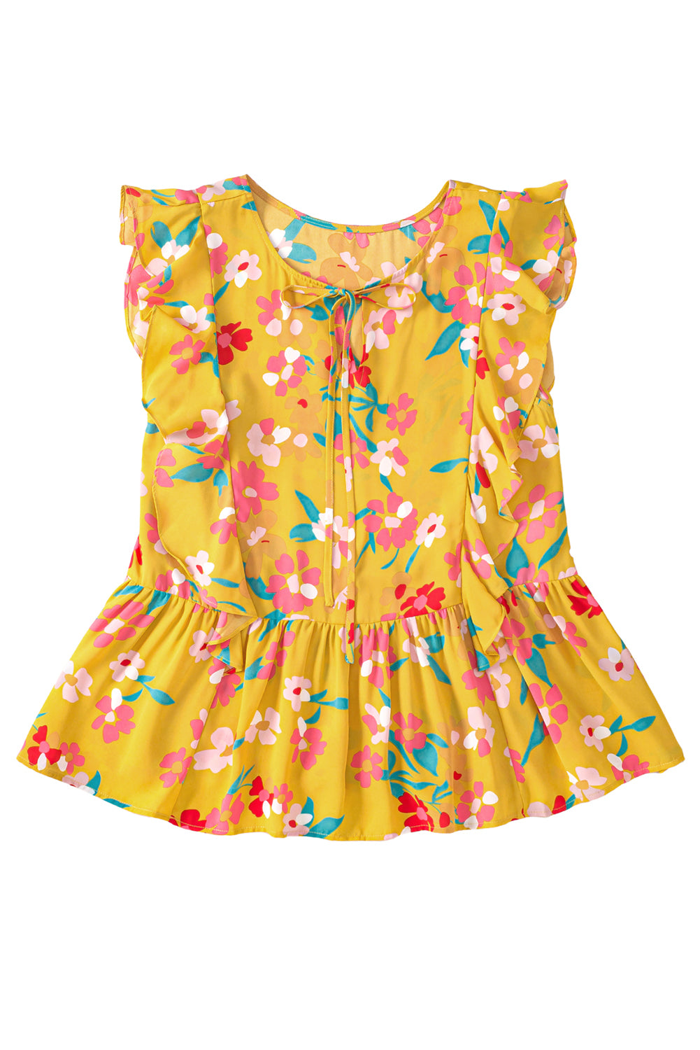 Yellow Plus Size Floral Print Trim Tie Neck Ruffle Sleeveless Shirt