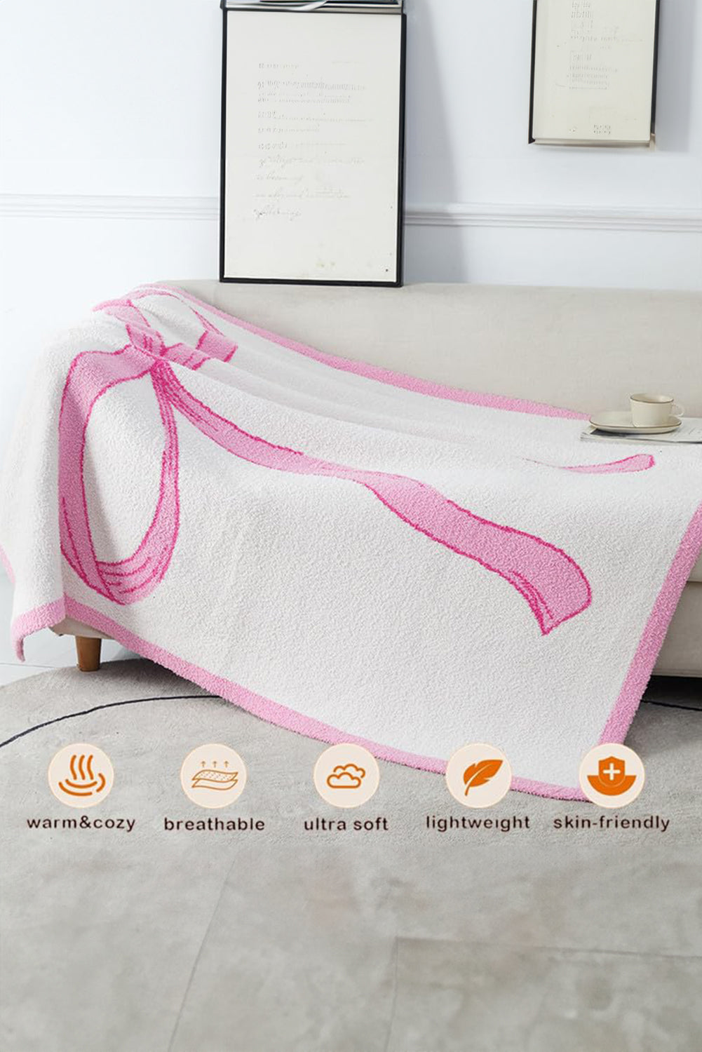 Pink 127*152cm Bow Printed Cozy Soft Throw Blanket