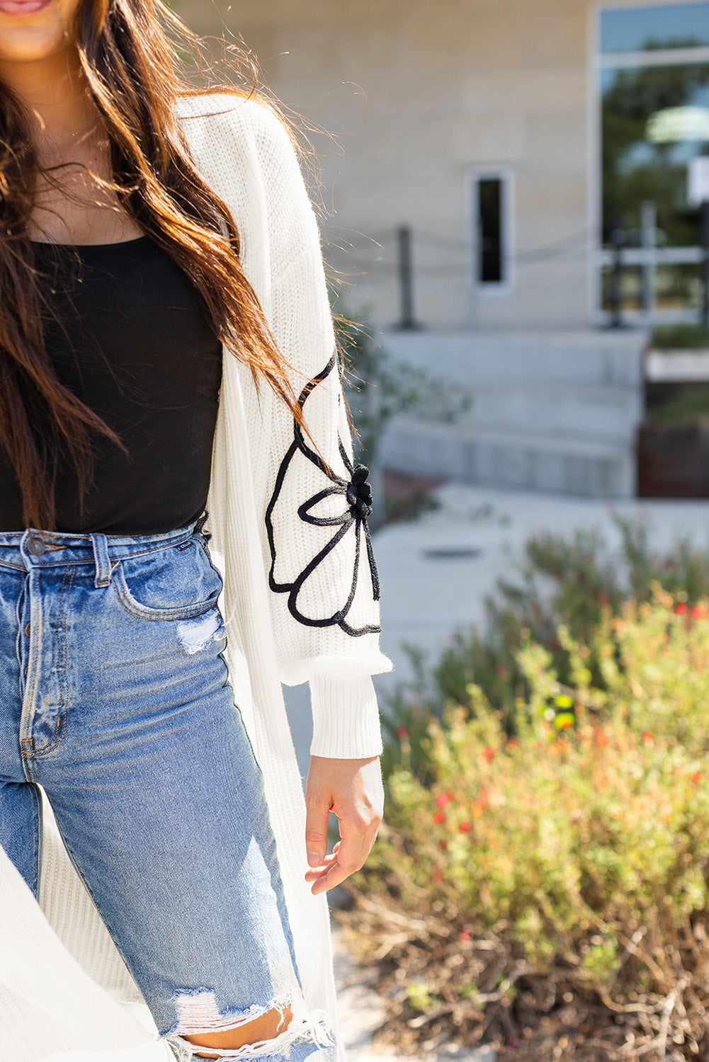 Beige Flower Embroidered Drop Shoulder Open Front Duster Cardigan